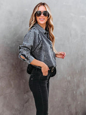 Distressed Puff Sleeve Button-Up Denim Jacket