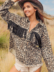 Women's Western Off Duty Leopard Fringe Denim Jacket