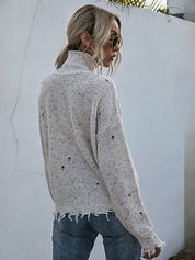 Distressed High Neck Raw Hem Long Sleeve Sweater