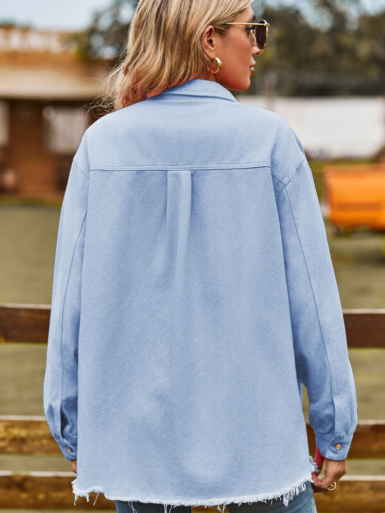 Women's Vintage Raw Hem Button-Up Denim Shacket