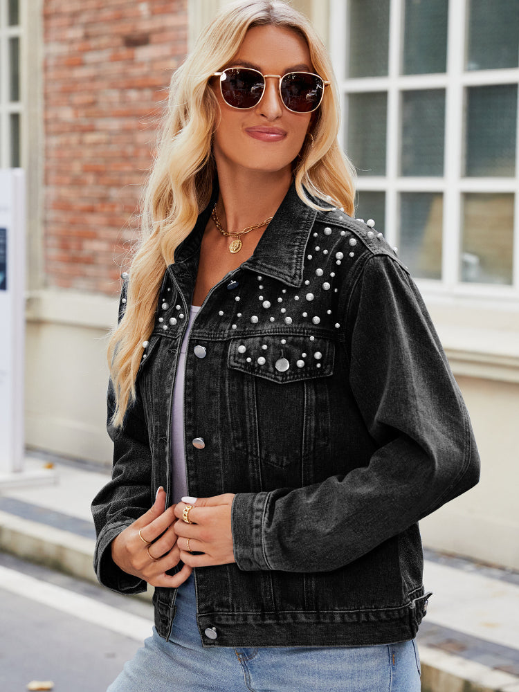 Women's Classic Slim Fit Button Up Denim Jacket with Pearl
