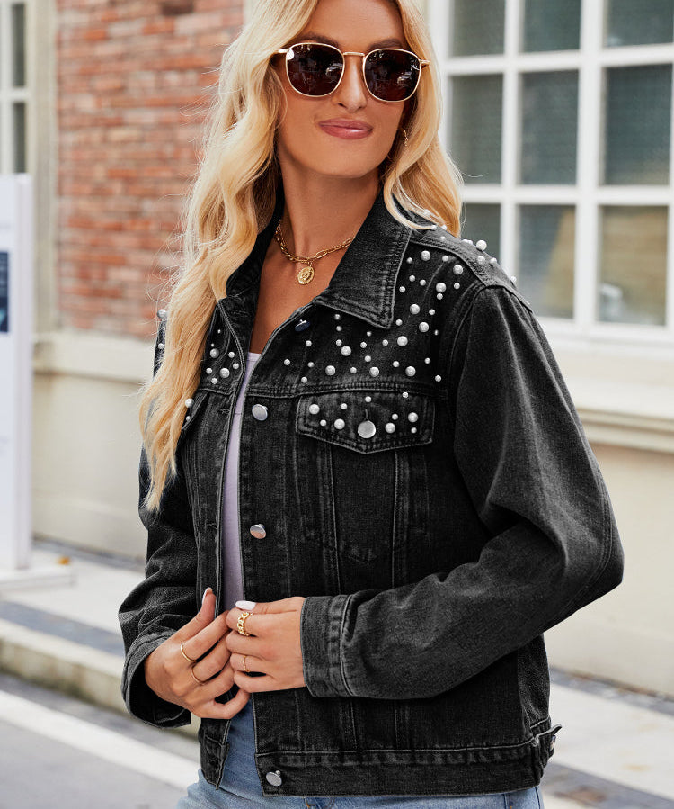 Women's Classic Slim Fit Button Up Denim Jacket with Pearl