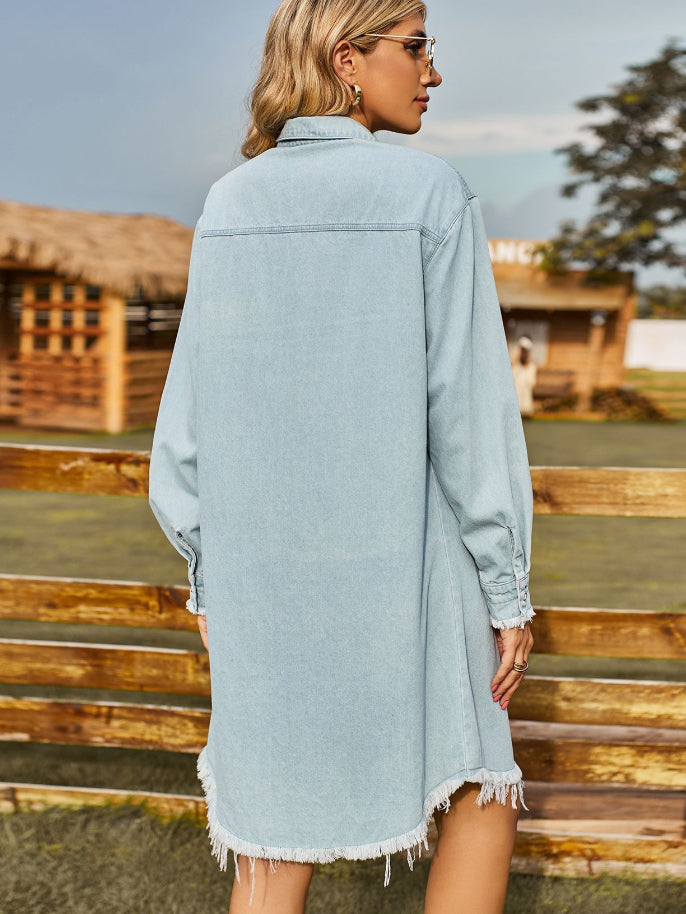 Women's Classic Button Up Raw Hem Denim Shirt Dress