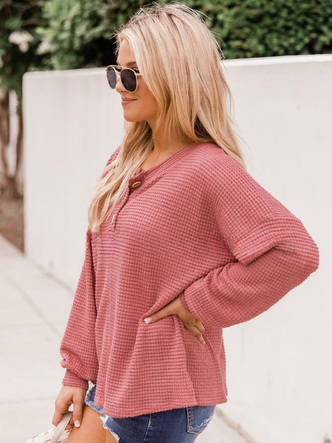Ladies Waffle Knit Henley Pullover