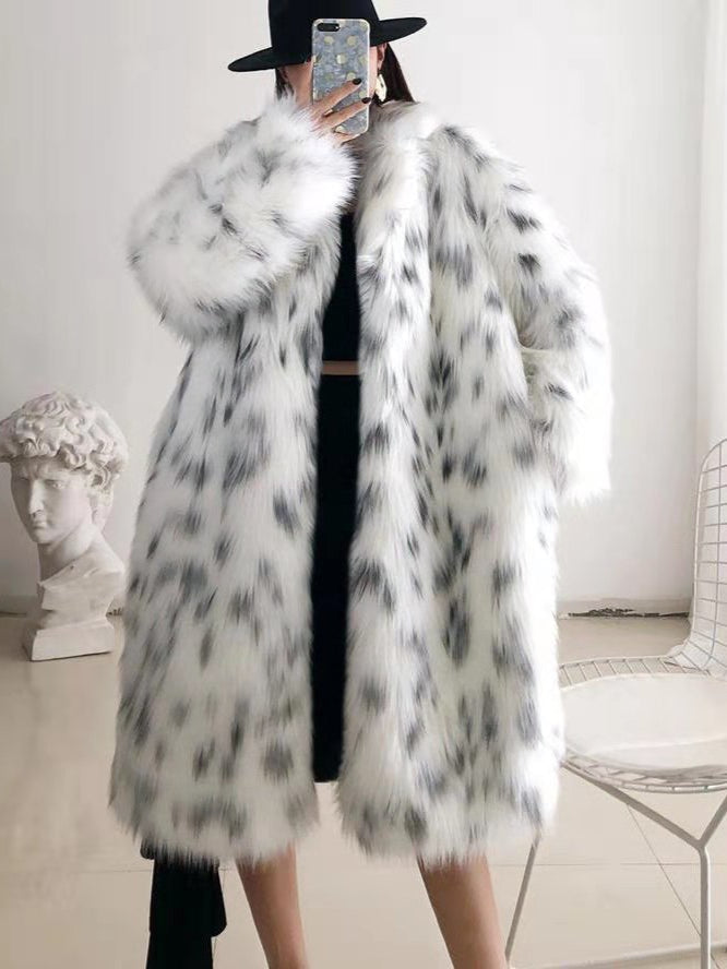 Trendy Leopard Furry Faux Fur Long Winter Coat for Women