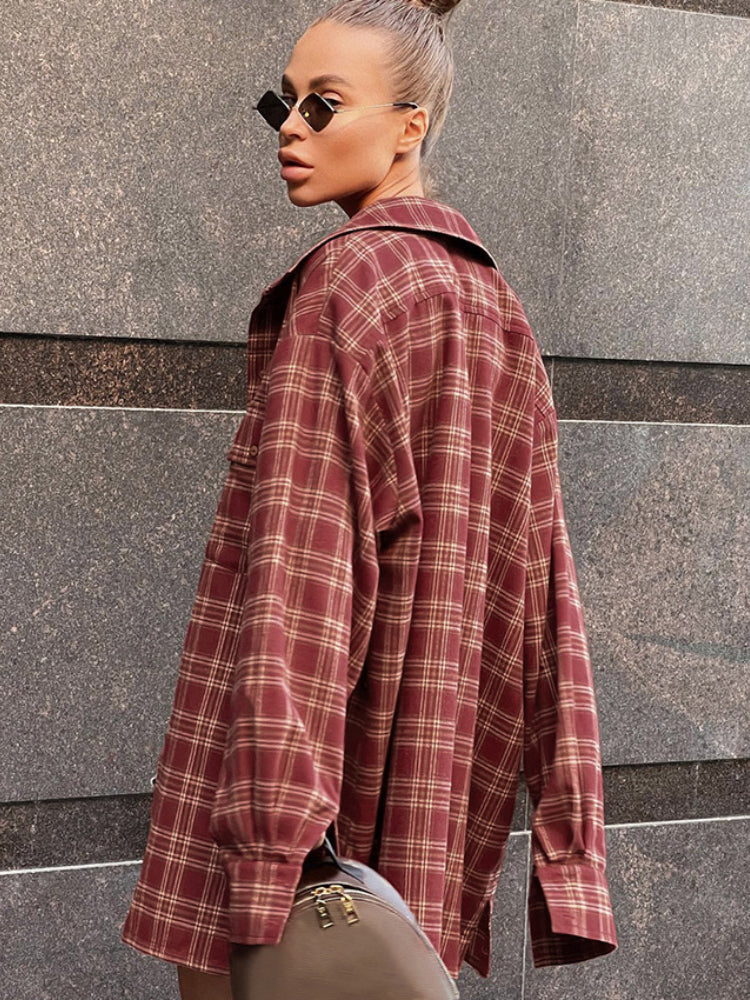 Women's Oversized Red Plaid Long Sleeve Shirt