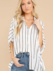 Linen Striped Short Sleeve Button-Up Shirt