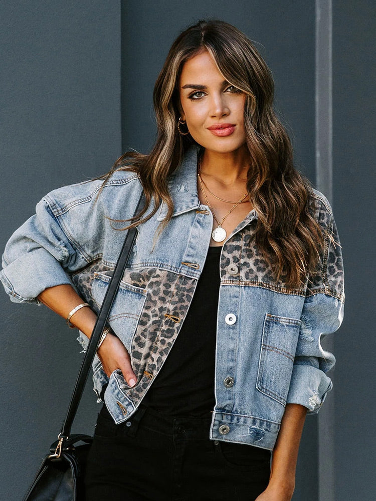 Women's Distressed Cowgirl Leopard Patchwork Denim Jacket