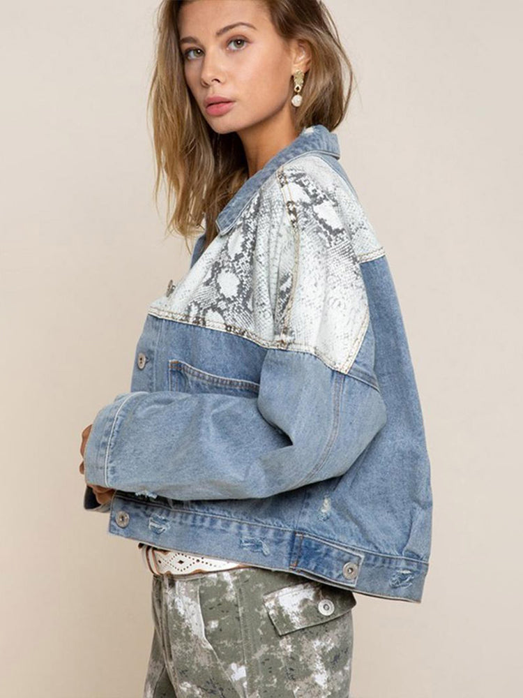 Women's Cowgirl Fashion Snakeskin Patched Denim Jacket
