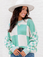 Jersey de punto con cuello redondo y estampado a cuadros chic