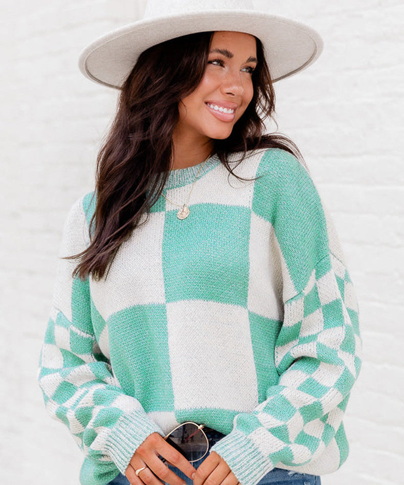 Jersey de punto con cuello redondo y estampado a cuadros chic