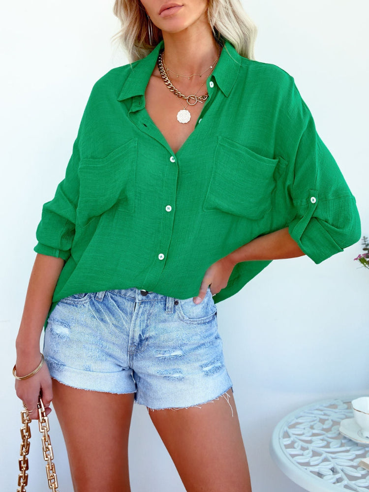 Women's Collared Big Pocket Short Sleeve Blouse