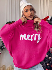 Women's Xmas Choice Merry Printed Turtleneck Knitted Sweater