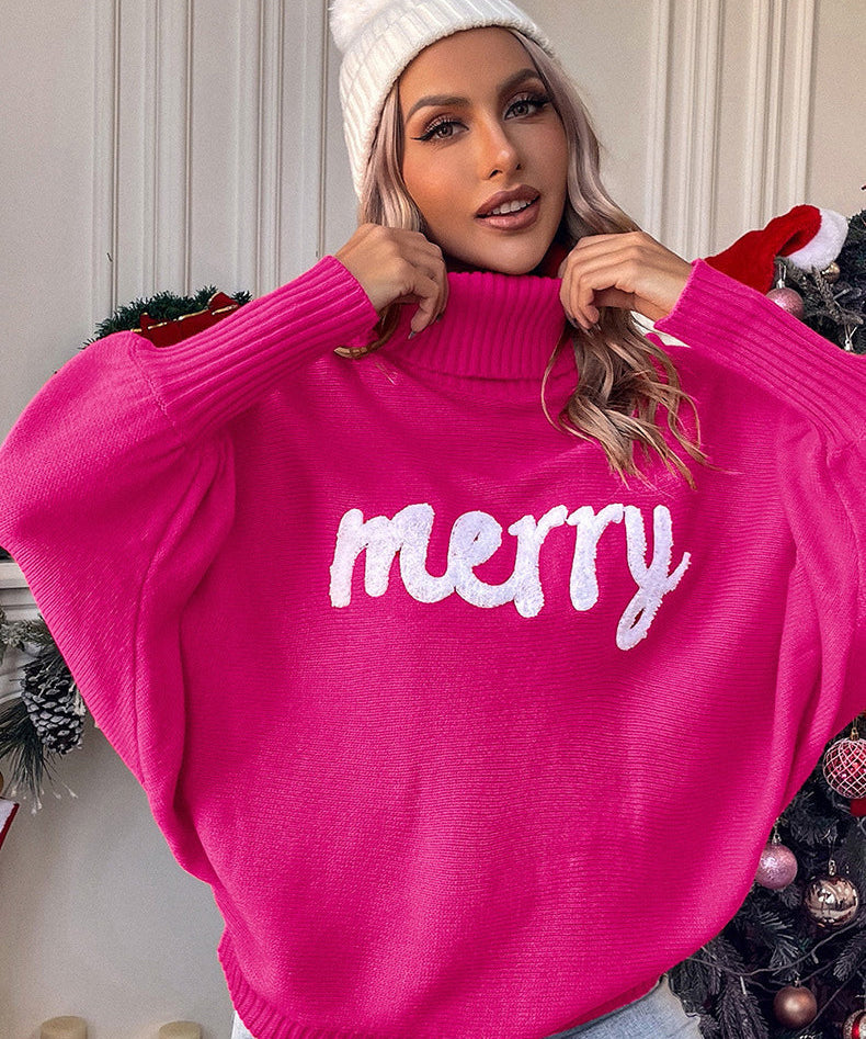Women's Xmas Choice Merry Printed Turtleneck Knitted Sweater