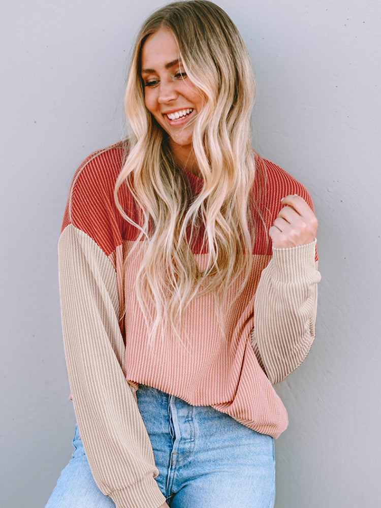 Chic Ribbed Color Block Knit Pullover Sweater