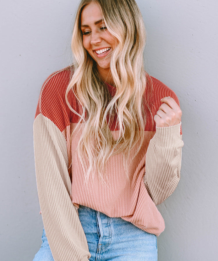 Chic Ribbed Color Block Knit Pullover Sweater