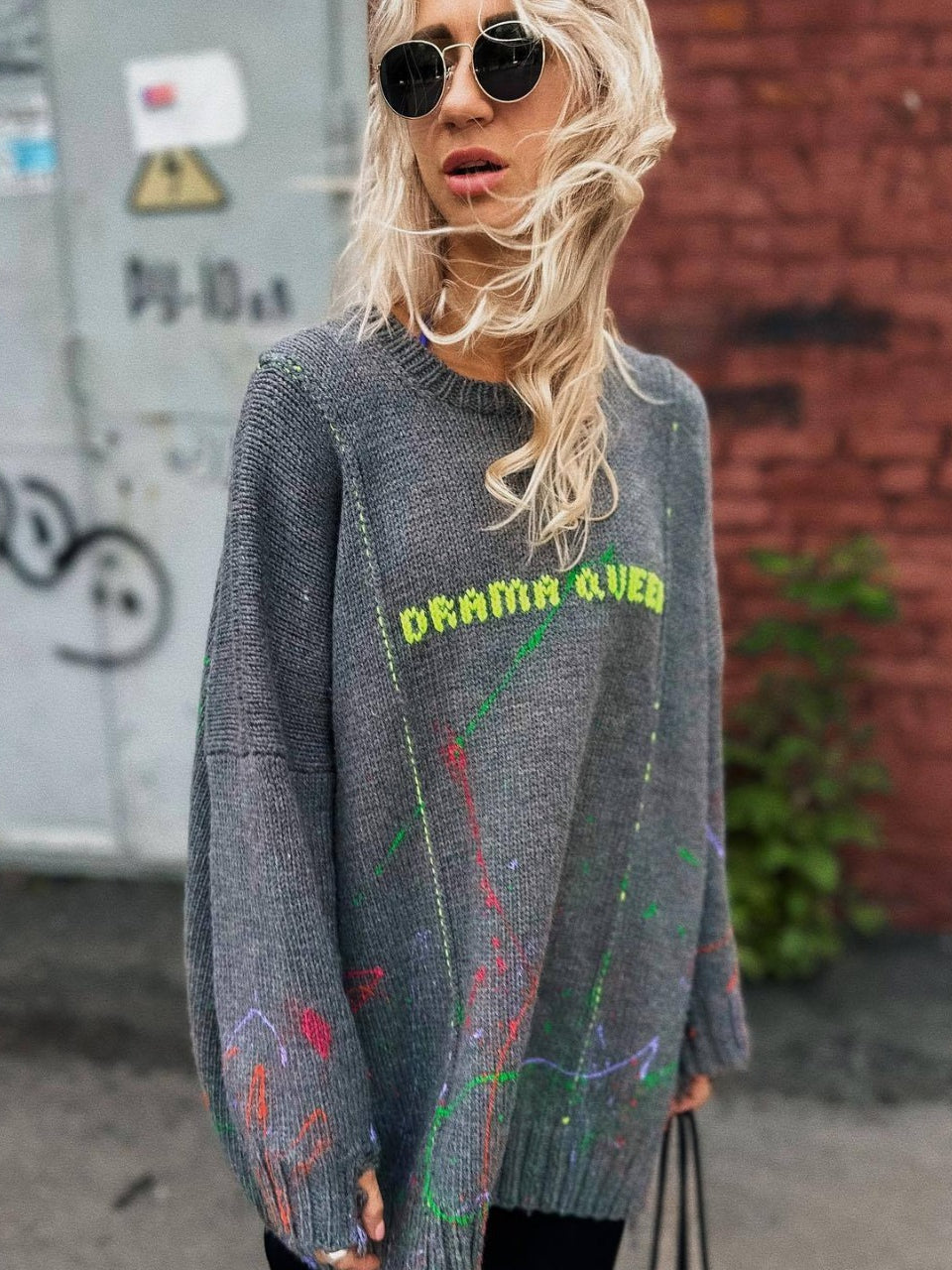 Women's Distressed Letter Embroidered Baggy Sweater