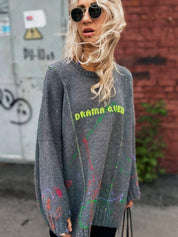 Women's Distressed Letter Embroidered Baggy Sweater