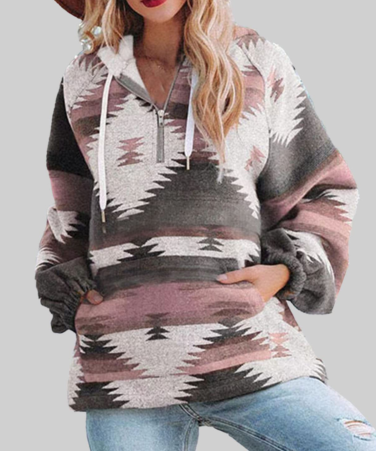 Western Multi-Color Aztec Quarter Zipped Split Neck Hoodie