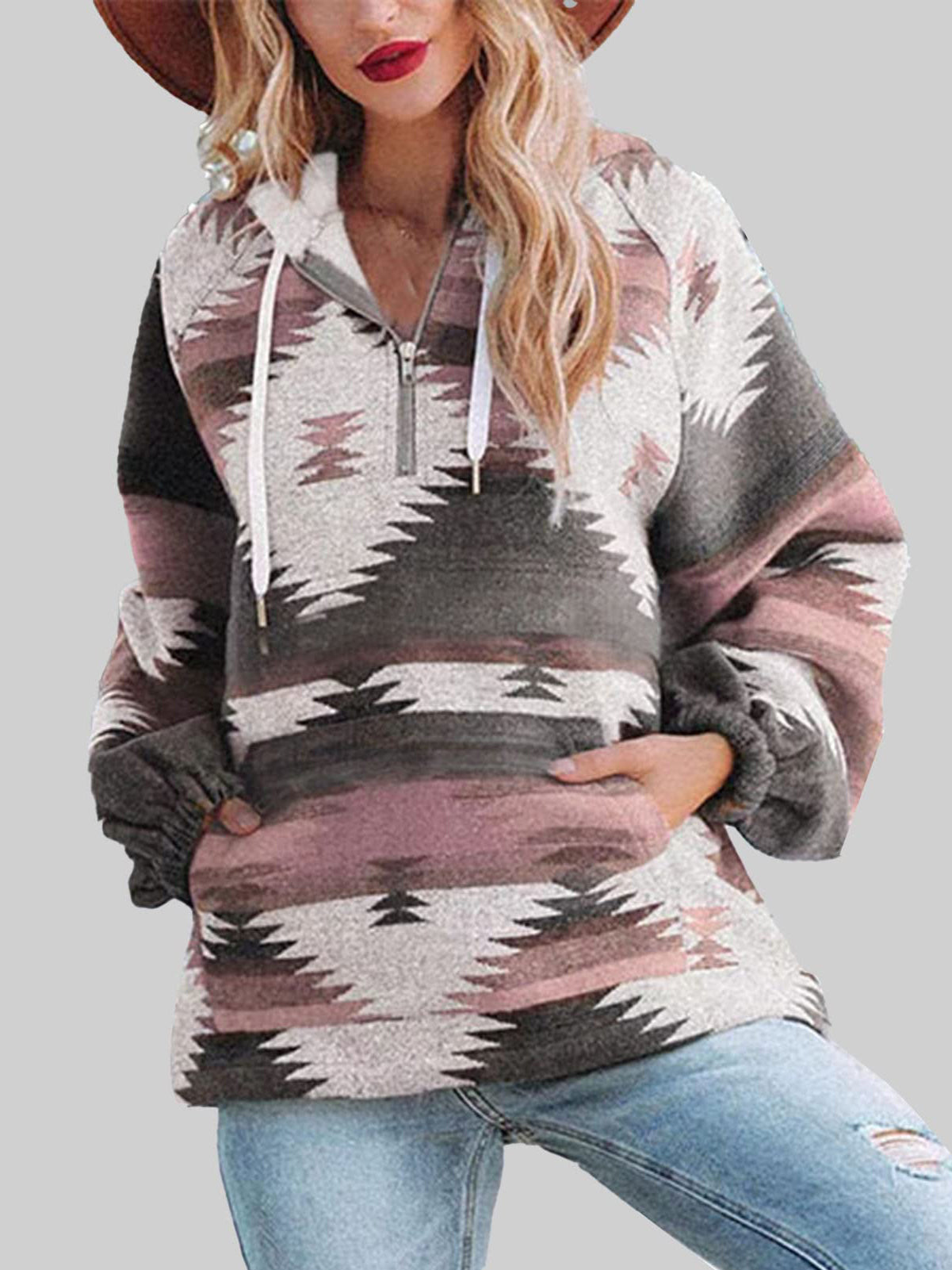 Western Multi-Color Aztec Quarter Zipped Split Neck Hoodie