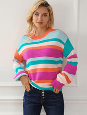 Multicolor Striped Round Neck Long Sleeve Knit Sweater
