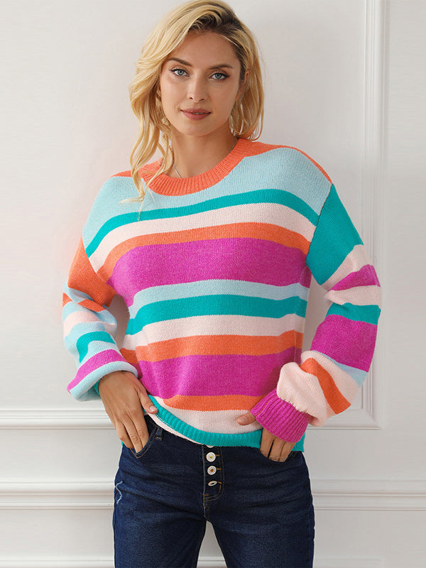 Multicolor Striped Round Neck Long Sleeve Knit Sweater