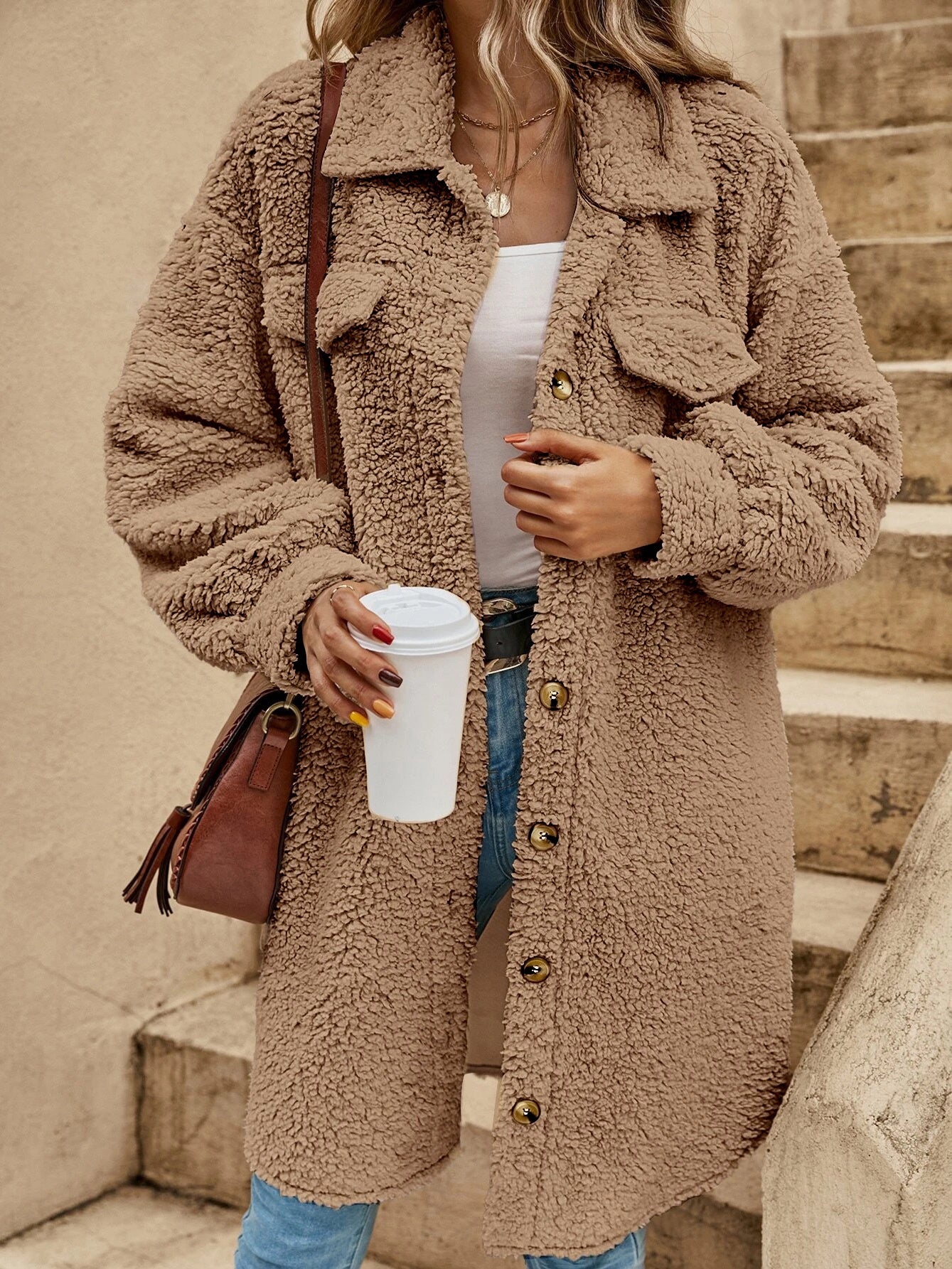Women's Thicken Drop Shoulder Shaggy Cardigan Coat