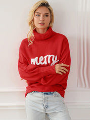 Women's Xmas Choice Merry Printed Turtleneck Knitted Sweater