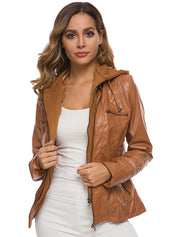 Women's Detachable Hooded Slim Fit Leather Bomber Jacket