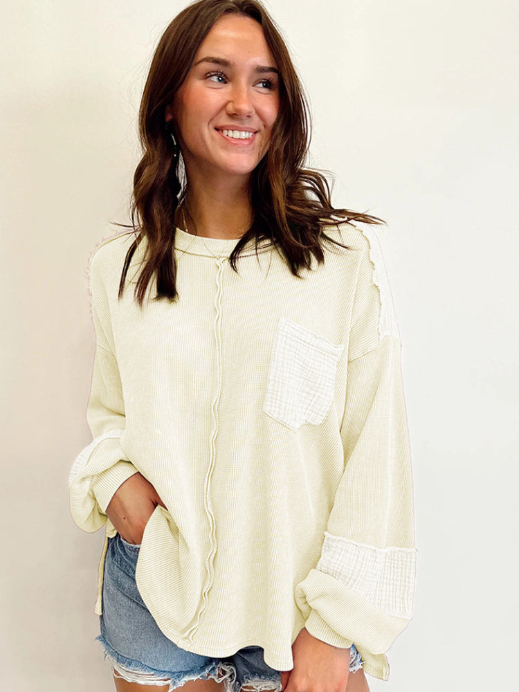Women's Casual Waffle Patchwork Crewneck Sweatshirt