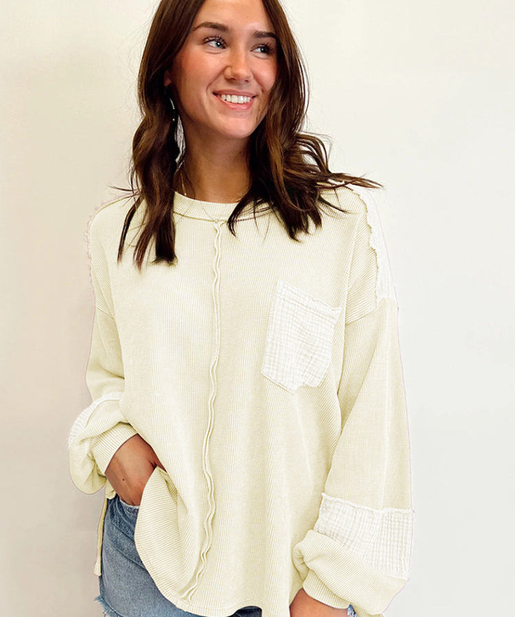 Women's Casual Waffle Patchwork Crewneck Sweatshirt