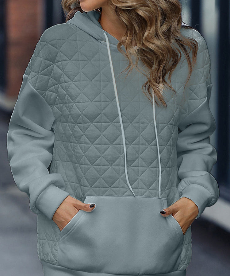 Retro Quilted Texture Drawstring Pullover Hoodie