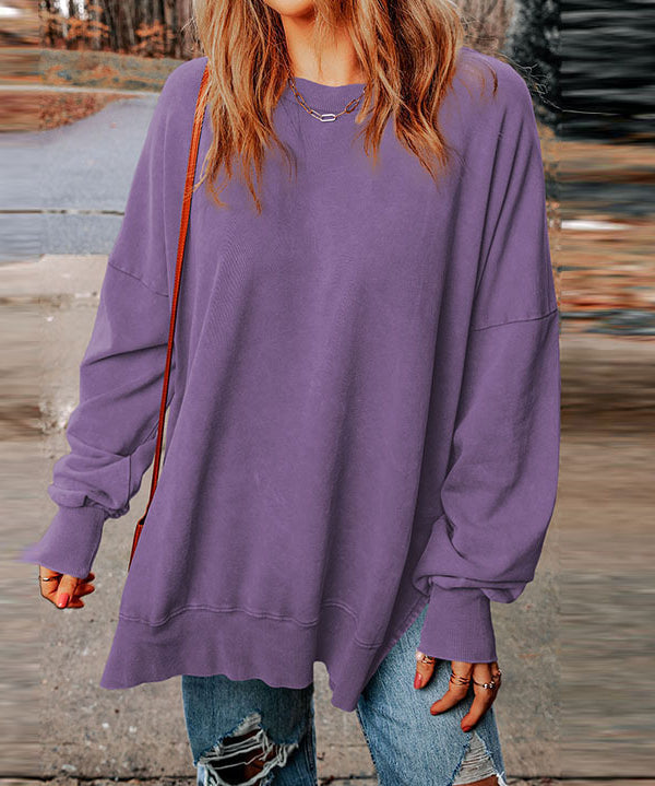 Women's Classic Solid Side Slit Crewneck Sweatshirt