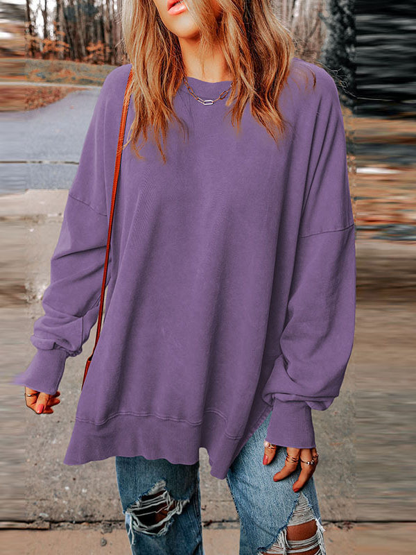 Women's Classic Solid Side Slit Crewneck Sweatshirt