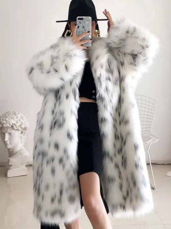 Trendy Leopard Furry Faux Fur Long Winter Coat for Women