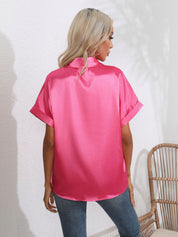 Lapel Collar Button Up Short Sleeve Poplin Shirt