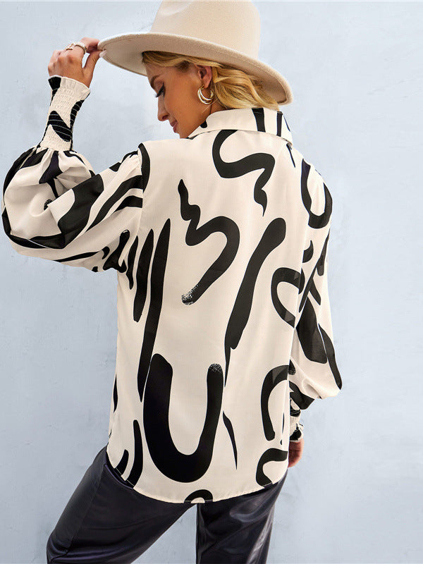 Women's Puff Sleeve Tie Dry  Button-Up Blouse