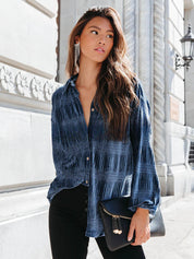 Velvet Ruched Button Up Collared Neck Blouse