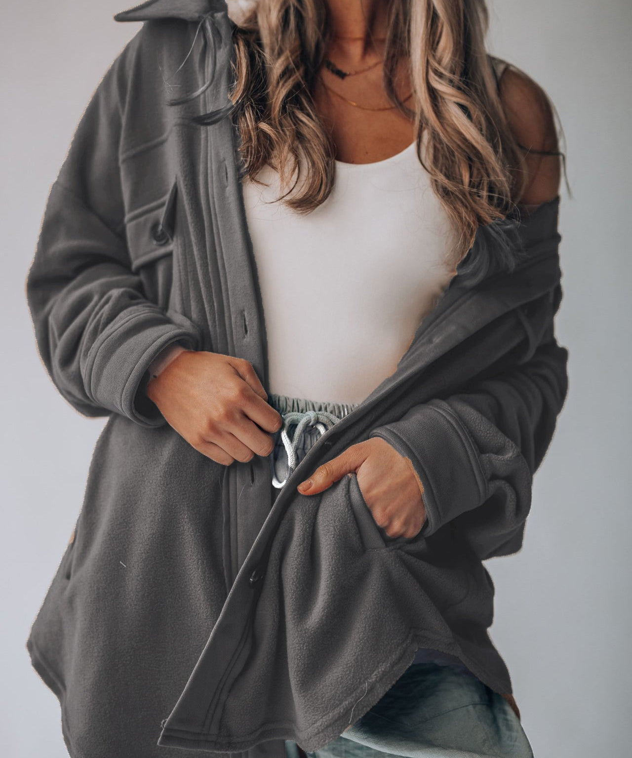 Women's Retro Button Down Plush Baggy Shirt Jacket