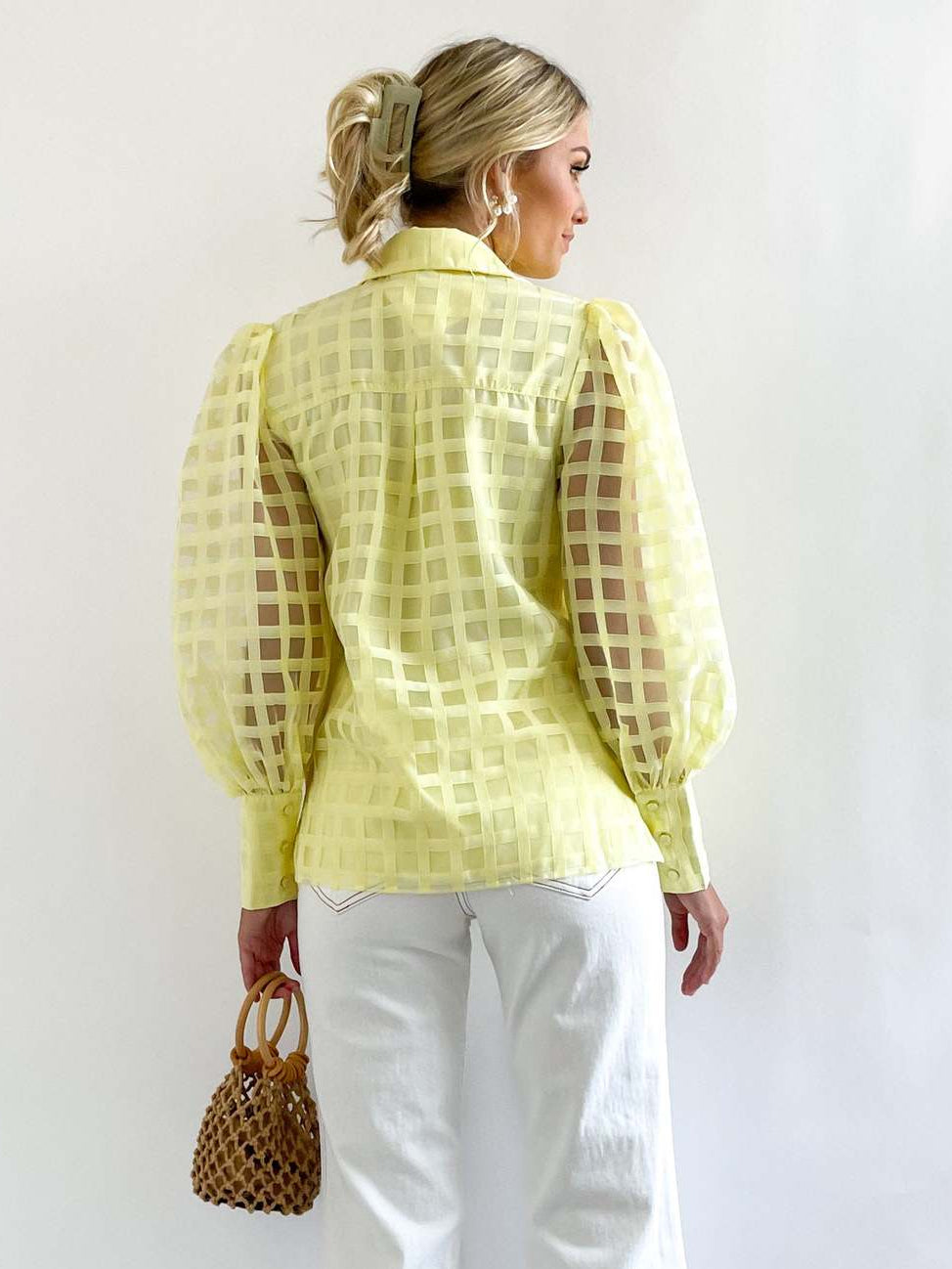 Check Textured Organza Collar Puff Sleeve Shirt