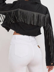 Women's Black Tassel Fringe Slim Fit Cropped Denim Jacket