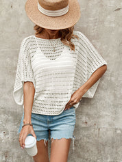Solid Round Neck Eyelet Knit Cutout Sweater