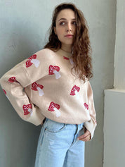 Women's Mushroom Jacquard Pattern Round Neck Sweater
