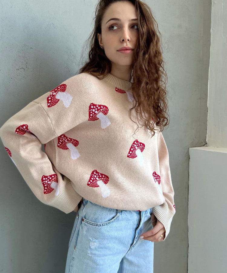 Women's Mushroom Jacquard Pattern Round Neck Sweater