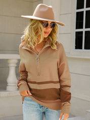 Retro Two-Tone Long Sleeve 1/2 Zip-Up Knit Pullover