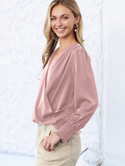 Solid Surplice Neck Shirred Cuffs Draped Blouse
