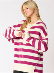 Women's Retro Half-Button Up Striped Knit Baggy Sweater