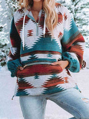Western Multi-Color Aztec Quarter Zipped Split Neck Hoodie