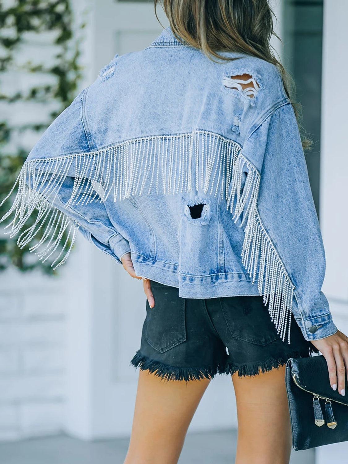 Distressed Hole Fringe Buttoned Denim Jacket