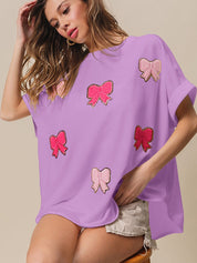 Women's Pinky Bow Mania French Terry Patched Short Sleeve Top